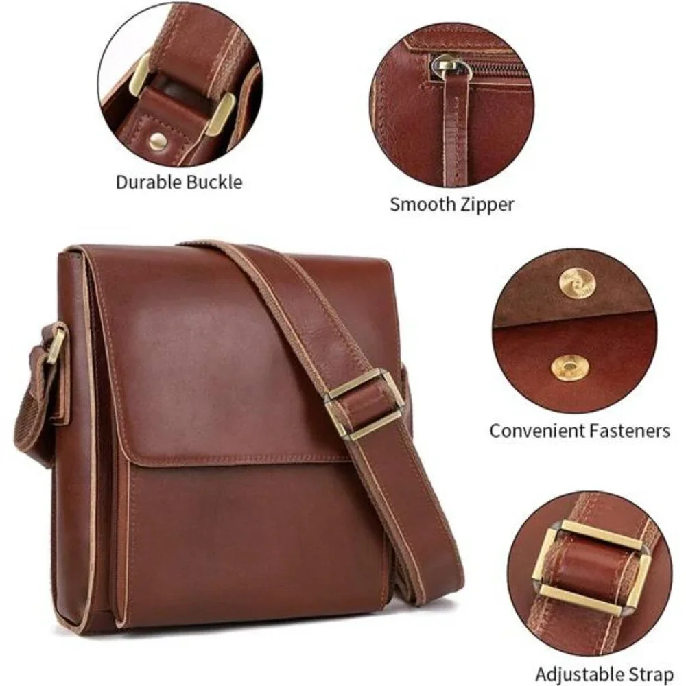 Leather Messenger Shoulder Crossbody Bag for Men Work Business Vintage Magnetic